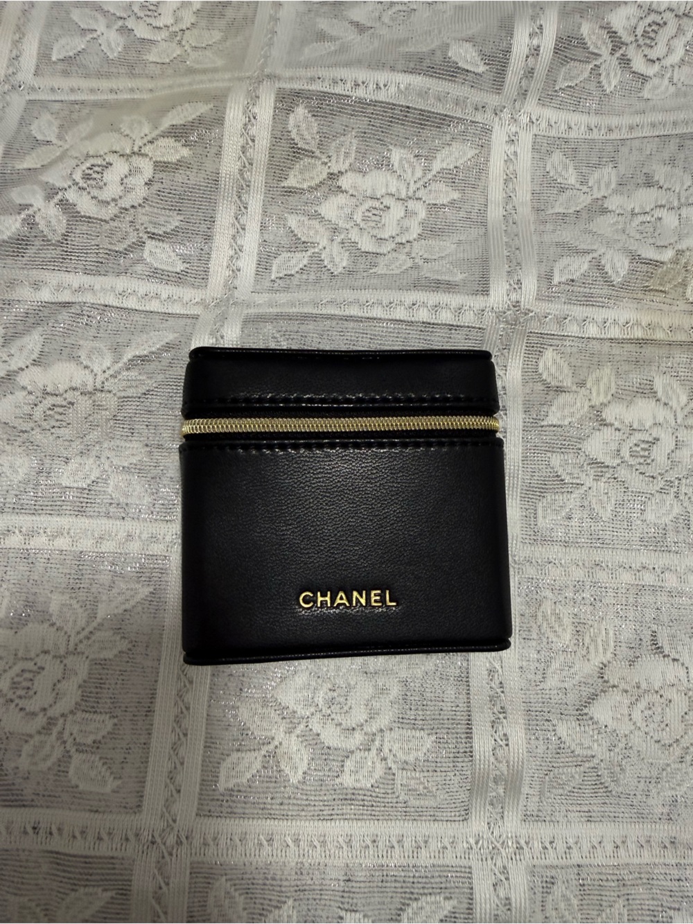 CHANEL Black Leather Compact Zip Card Holder with Gold Hardware